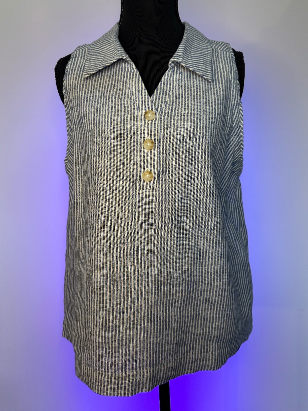 Melissa Nepton Striped Linen Blend Sleeveless Tunic Top Blue White Size Medium
